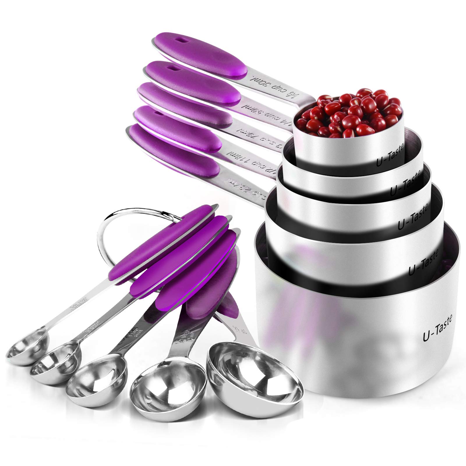 U-Taste 18/8 Stainless Steel Measuring Cups and Spoons Set of 10, Upgraded Thickness Handle (Purple)
