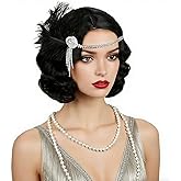 Aicos Black 1920s Flapper Wavy Wig for Women Short Black Finger Wave Vintage Wig with Headband for Halloween Costume Party