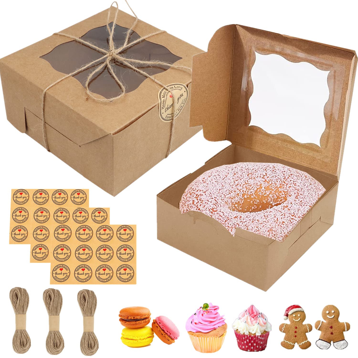 GUIFIER 30 Pack 6 inch Cake Box with Window, Paper Kraft Bakery Boxes 6x6x3 inches, Single Pastry Boxes, Brownie Cookie Box for Small Pie, Strawberry, Cupcake, Pastry, Donuts, Party Favor (Brown)