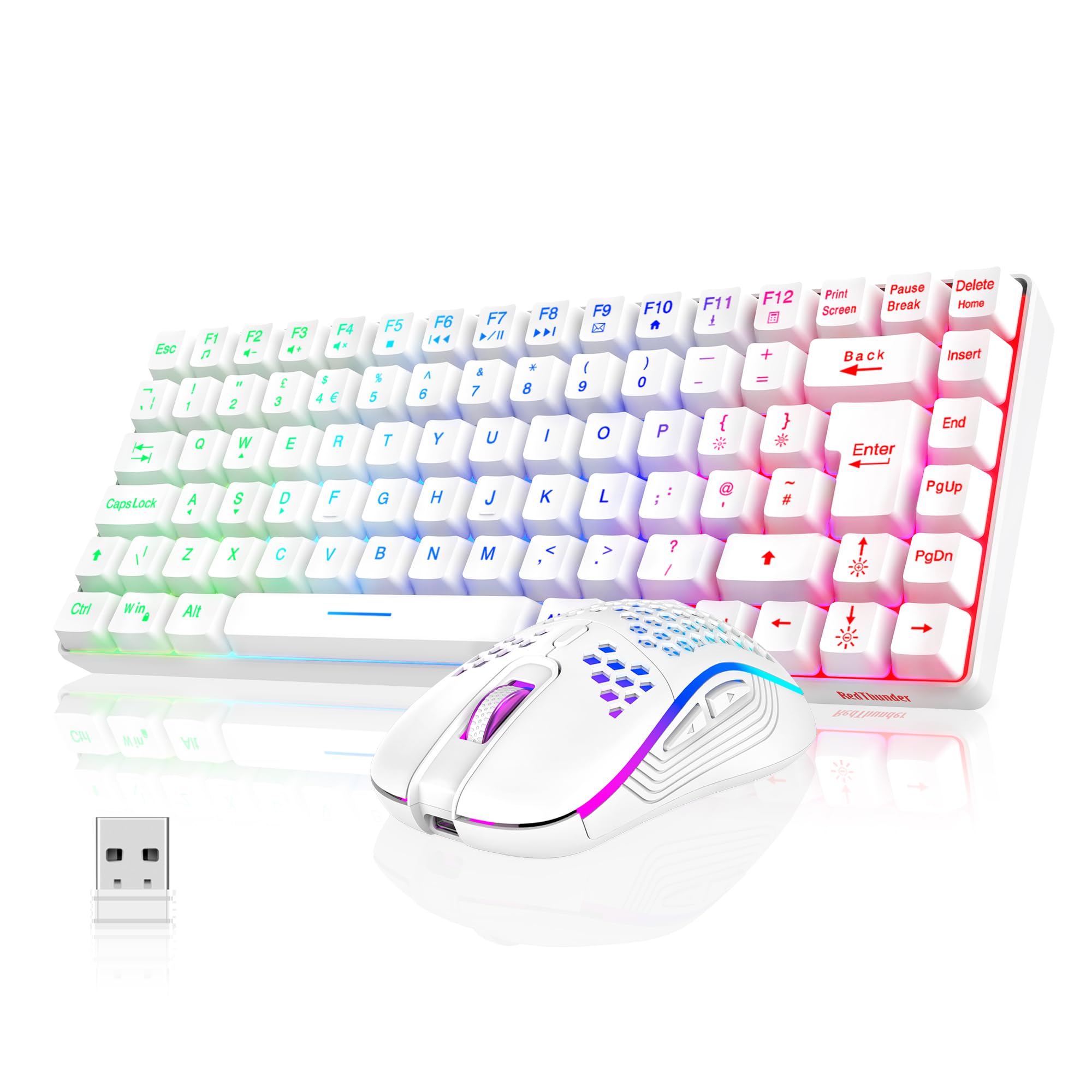 RedThunder K84 75% Wireless Gaming Keyboard and Mouse Rainbow Backlight UK Layout 85 Keys TKL Ultra Compact Mini Design Lightweight Honeycomb Gaming Mouse for PC Mac PS5 Office Gamers (White)