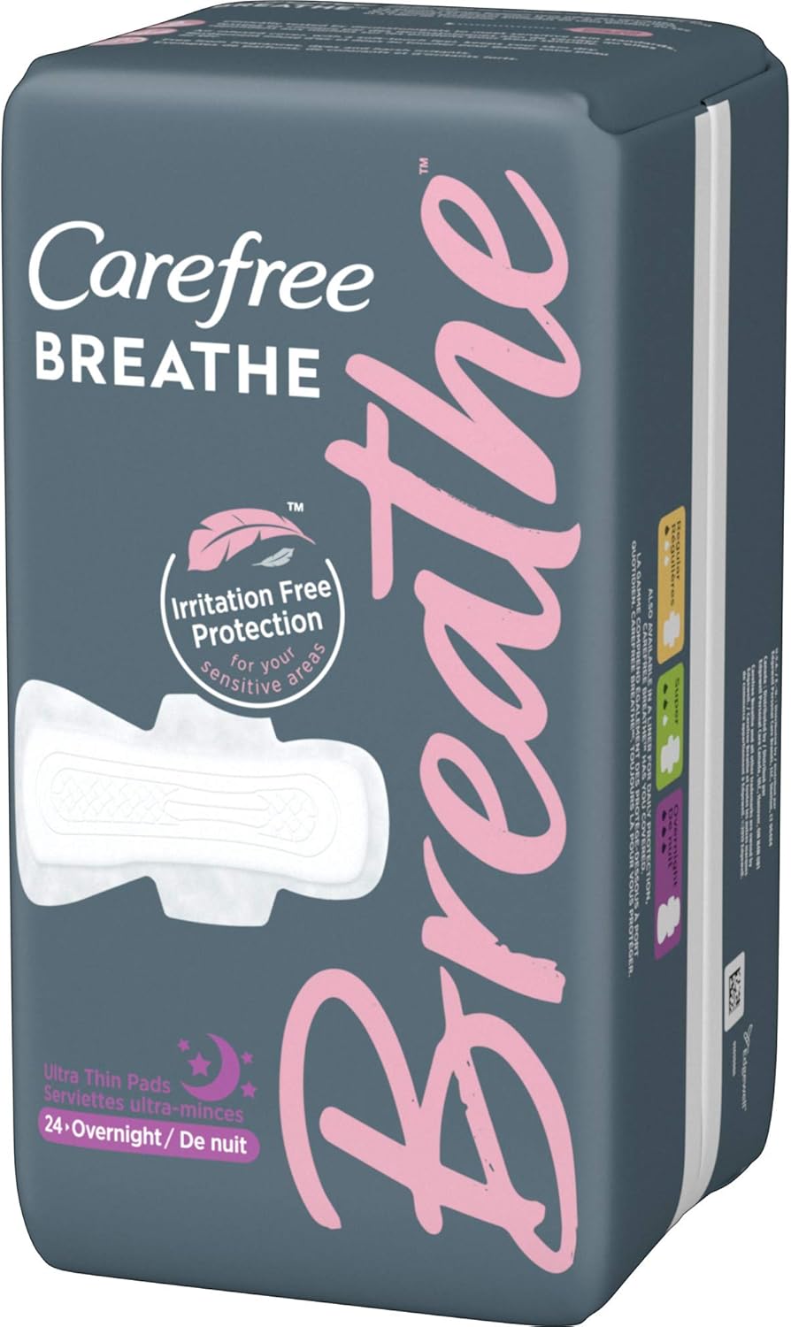 Carefree Breathe Ultra Thin Overnight Pads with Wings, Irritation-Free Protection, 24 Count: Health & Personal Care