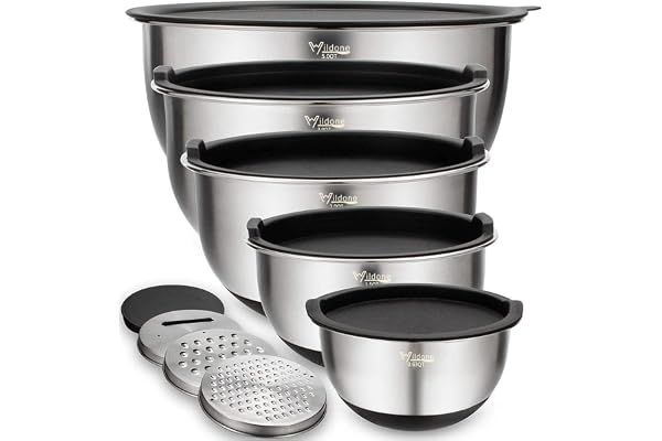 Wildone Mixing Bowls with Airtight Lids Set, 5PCS Stainless Steel Nesting Bowls for Kitchen, with Grater Attachments & Non-Sl