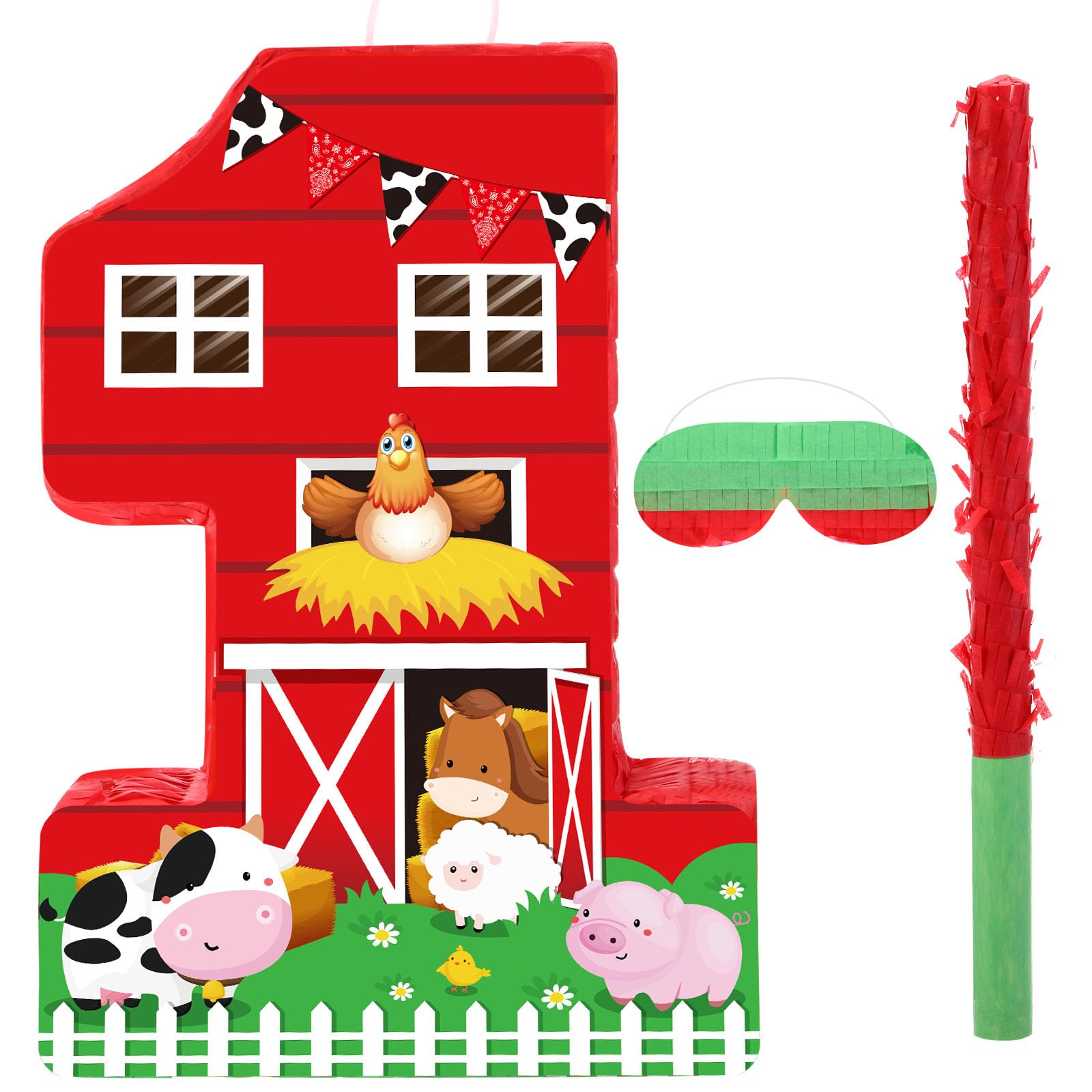 Photo 1 of Hungdao Farm Birthday Pinata Number Pinata with Blindfold Bat and Confetti Animal Pinata for Boys Girls Birthday Party Decorations Barnyard Baby Shower Carnival Game Supplies(farm Number 1)