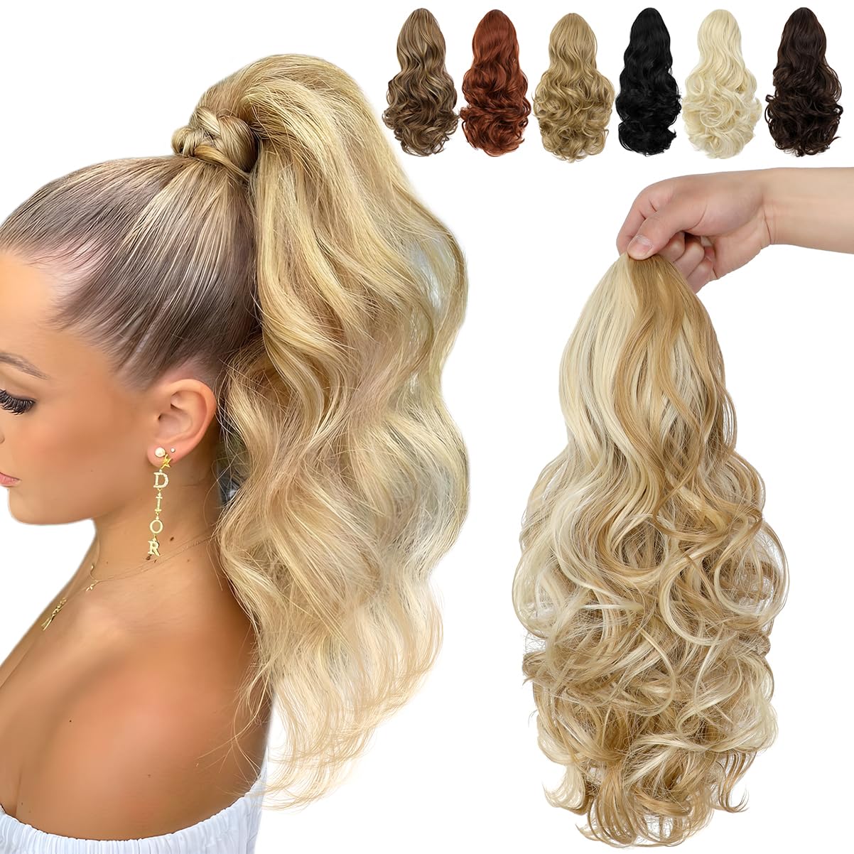 Photo 1 of FELENDY 15" Ponytail Extension Drawstring Curly Wavy Ponytail Extensions Clip in Long Pony Tails Hair Cute Synthetic Piece for Women Ash Blonde Mix Bleach Blonde