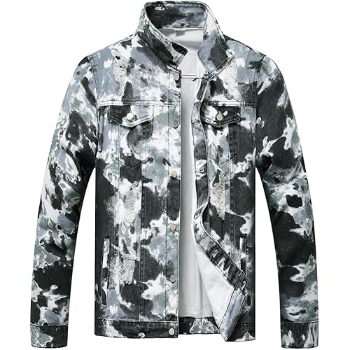 LZLER Jean Jacket for Men, Classic Ripped Slim Denim Jacket with Holes
