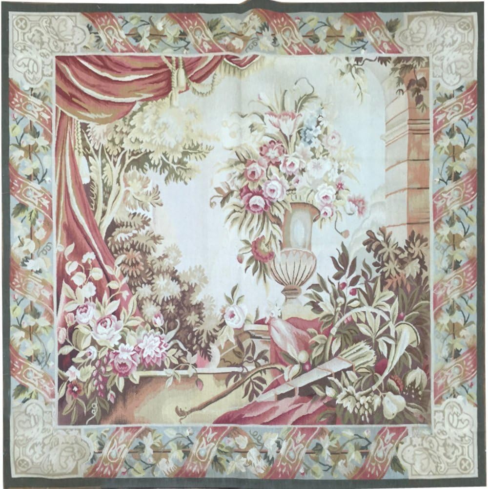 Yilong Carpet 5'x5.1' Handmade French Aubusson Wool Carpet Poetic Floral Wall Hanging Tapestry Pictorial Handmade Wool Rug Au355x5.1