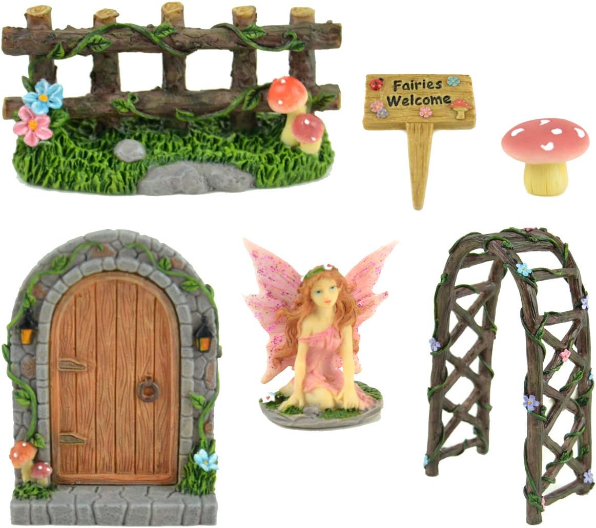 Midwest Design Imports, Inc. Miniature 6 pc Fairy Garden Kit - Door, Fairy, Sign, Arbor, Fence, and Mushroom