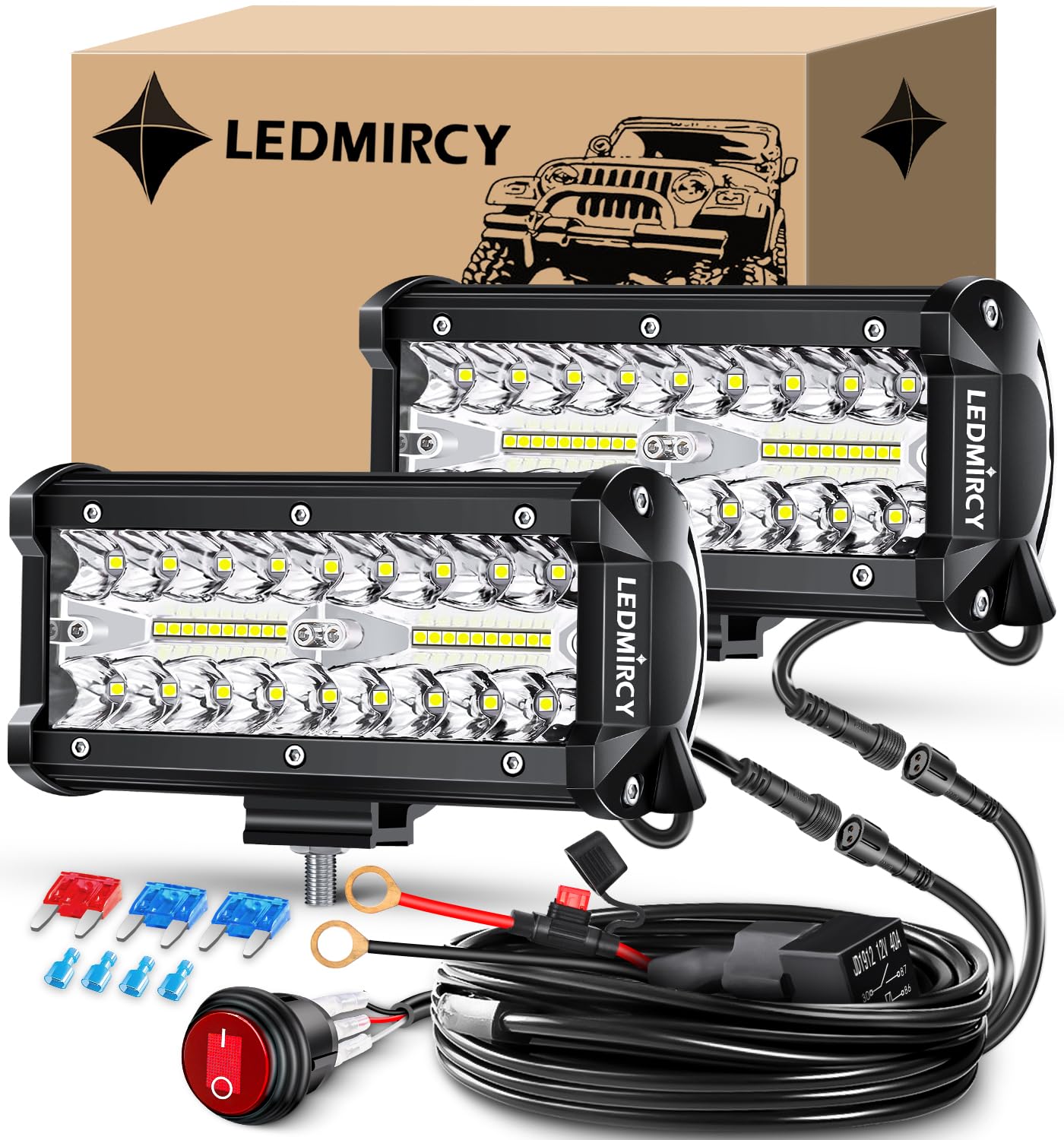 Light Bar,LEDMIRCY 7 Inch LED Light Bar Kit with Round Toggle Switch Wiring Harness 2 Lead White LED Pod Lights Triple Rows Spot Flood Combo Beam Waterproof Off Road Lights for Truck ATV SUV UTV Boat