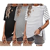Ekouaer Maternity Shirts 3 Packs Short Sleeve Womens Pregnancy Tops Split Side Postpartum Blouse Clothes Black/Light Gray/White Stripe M