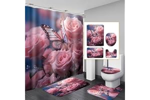 Omebero Bathroom Sets with Shower Curtain and Rug, Toilet Lid Cover, Bath Mat, 4PCS Pink Rose Butterfly Shower Curtain Sets, Romantic Flowers Shower Curtains for Bathroom Decor with Hooks