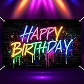 BlissYard Neon Happy Birthday Banner 71x43 Inch Paint Drip Glow in The Dark Party Decoration Background Graffiti Wall Art Style Photo Booth Backdrop Supplies Event Decor Wall Art