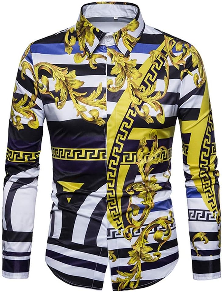 Versaces Men Shirt Leisure Palace Wind Digital Striped Print Long Sleeve Shirt, Black Yellow, L