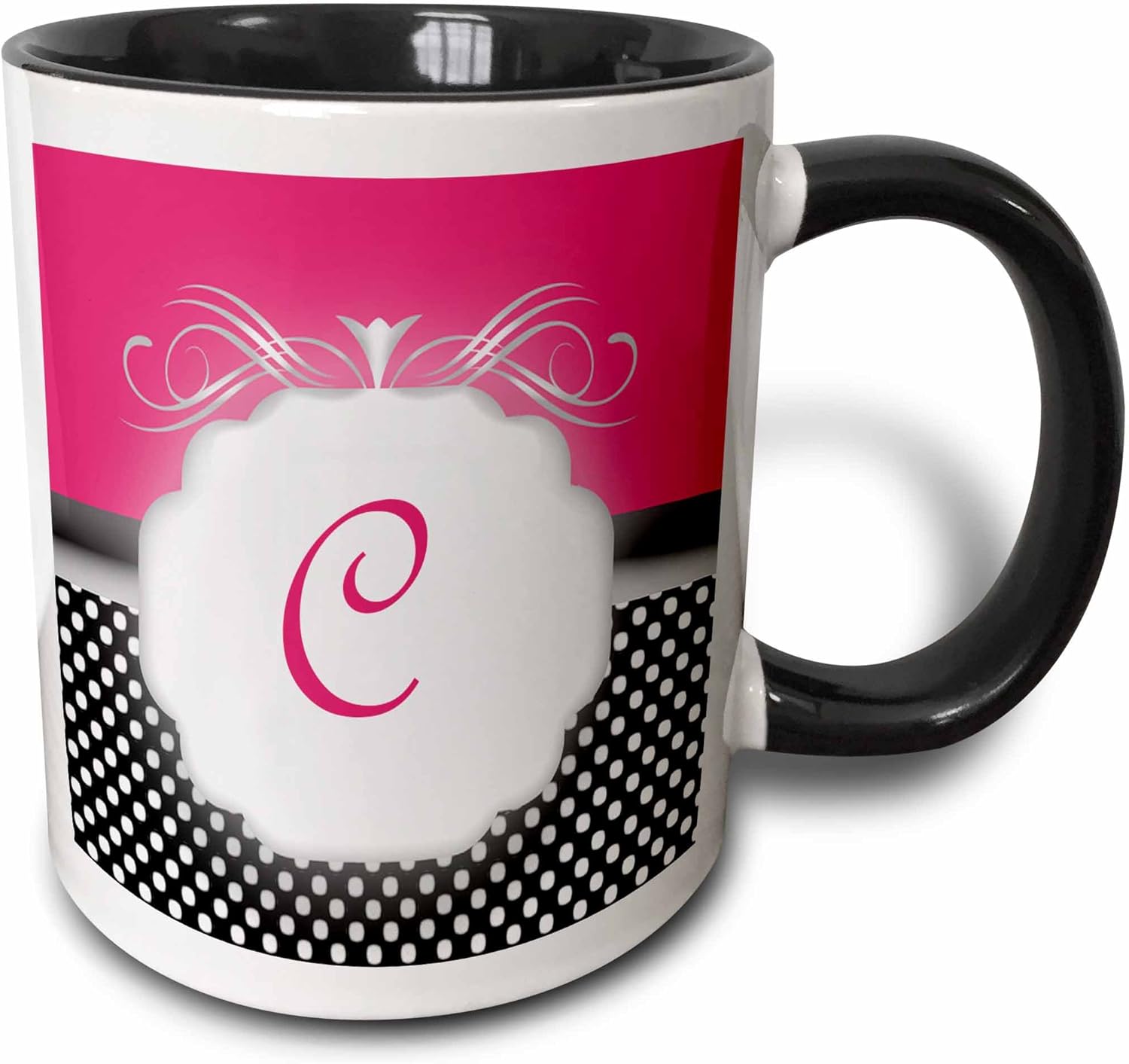 3dRose Elegant Pink Polka Dot Monogram Letter C Two Tone Mug, 11 oz, Black/White