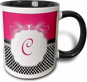 3dRose Elegant Pink Polka Dot Monogram Letter C Two Tone Mug, 11 oz, Black/White