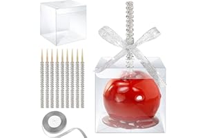 MGWOTH Candy Apple Boxes with Bling Stick Hole Set,20 Pack Caramel Apple Wrapping Kit with Clear Containers & Rhinestone Bamboo Skewers & Glitter Ribbons,Top for Cake Pop Chocolate Treat