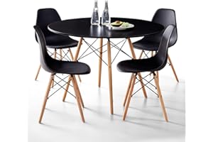 Lecafur HL 5-Piece Round Dining Table Set, Small 35.5" Kitchen Table Chairs Set of 4 Space Saving Furniture, Plastic Seats, Solid Wood Legs, for Living Room Apartment Office Home, Black