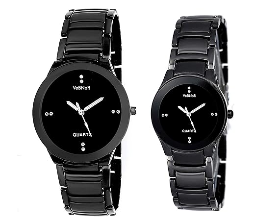 VeBNoR Analogue Full Black Dial Stainless Steel Strap Men & Women Pair Watches for Couples Stylish - Combo