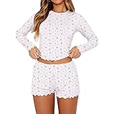 Lacozy Cute Pajama Sets for Women 2 Piece Floral Print Fall Pj Set Woman Long Sleeve Crop Top and Short Y2K Sleep Set