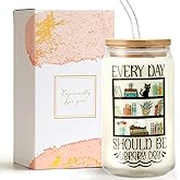 Christmas Book Lovers Gifts for Women,16oz Books Iced Coffee Glass Cups with Lids and Straws, Reading Bookish Reader Lover Themed Gift, Bookworm Gift for Friends, Teacher ,Librarian Who Love Book