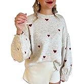 Women Heart Print Sweater Love Graphic Knitted Top Crewneck Cute Holiday Long Sleeve Shirts