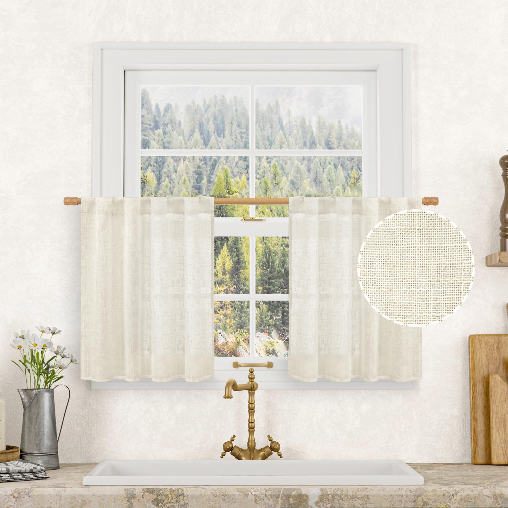 Photo 1 of LAMIT Kitchen Semi Sheer Linen Curtains 24 Inch Long, Light Filtering Panels Back Tab and Rod Pocket Neutral Drapes for Cafe/Bathroom/Small Window, Natural, 2 Panels, 34 x 24 Inch