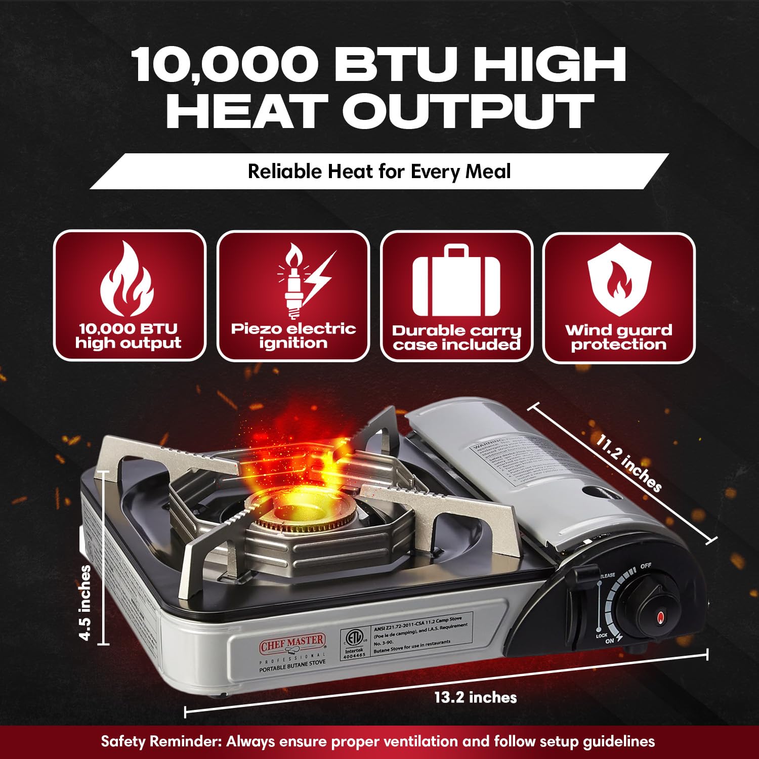 Chef-Master 90011 Butane Countertop Stove, 10 000 BTU Portable with Carry Case, High Performance, Piezo Ignition, Brass Burner, Safety Stop