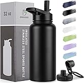 DOMICARE 32 oz Insulated Water Bottle, Vacuum Insulated Stainless Steel Sports Water Bottle with Straw Lid & Spout Lid, Leakproof, Reusable - Travel, Camping, Bike, Black