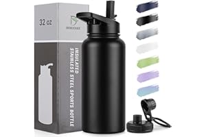 DOMICARE 32 oz Insulated Water Bottle, Vacuum Insulated Stainless Steel Sports Water Bottle with Straw Lid & Spout Lid, Leakproof, Reusable - Travel, Camping, Bike, Black