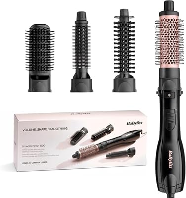 Smooth Finish 1200 – Cepillo de Aire Caliente 4-en-1 para Secar, Alisar, Dar Volumen y Moldear, Tecnología Iónica & Cerámica, 4 Accesorios, 1200W, Negro/Rosa, AS122E