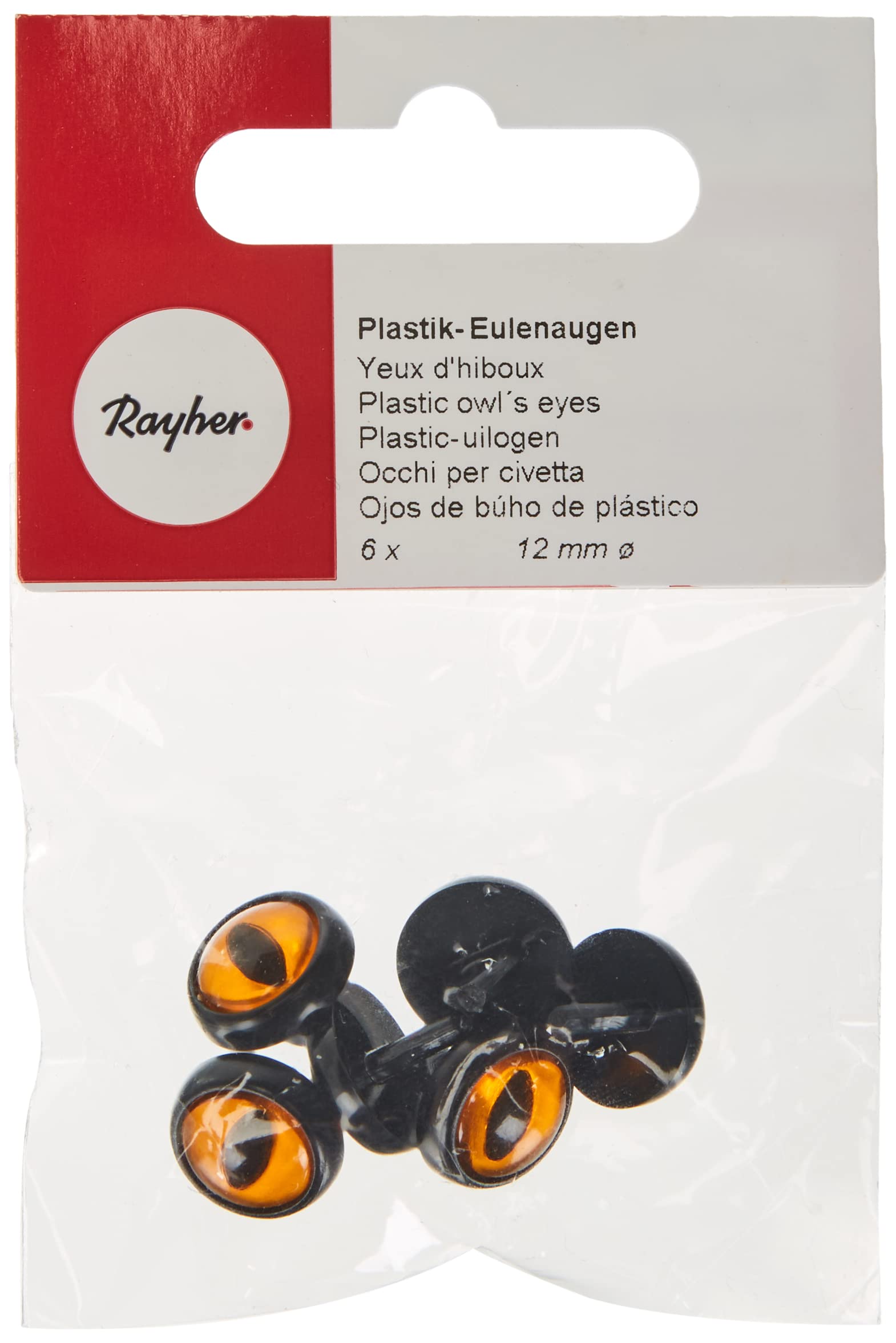 Rayher Plastic Owls Eyes, 12 mm, Tab-Bag 6 Pieces, Multicolour
