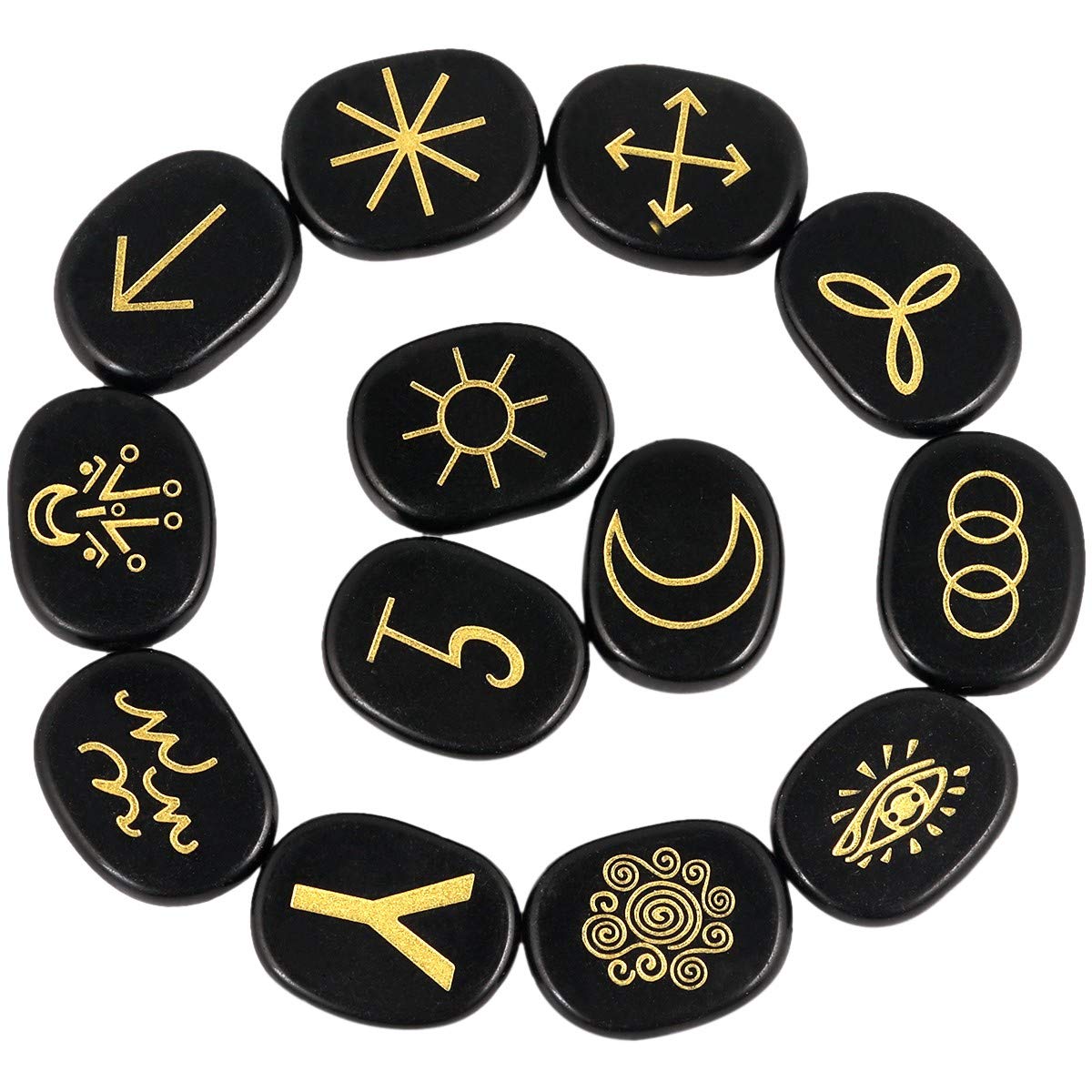 rockcloud Healing Crystal Black Obsidian Gypsy Symbol Witches Rune Set Chakra Stones Palm Stone Reiki Balancing, 13 Pcs