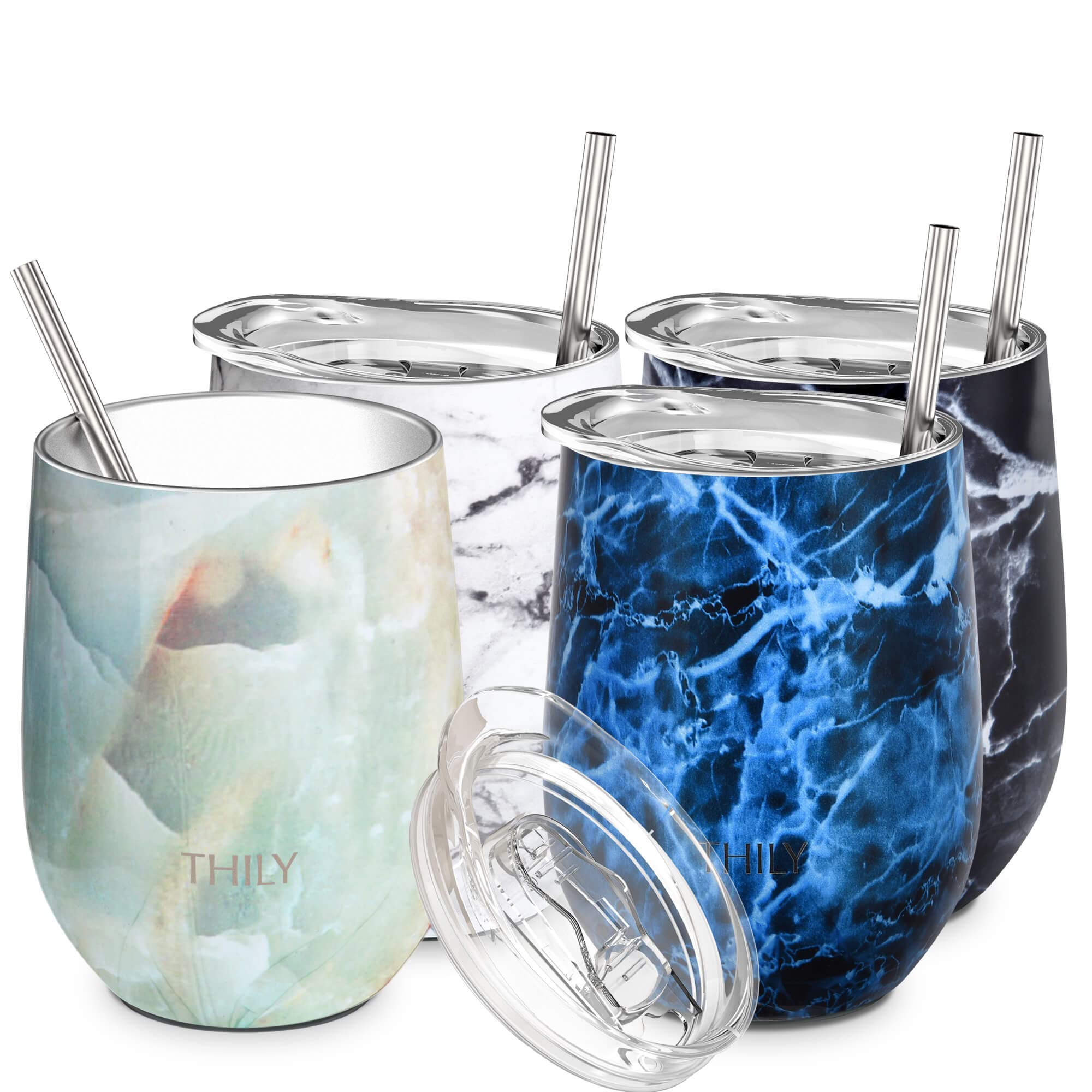 THILY Stainless Steel Stemless Wine Tumbler 4 Pack Vacuum Insulated Travel Wine Glasses with Sliding Lids and Straws, 12 oz, Keep Cold for Juice, Coffee, Beer, Marble Series