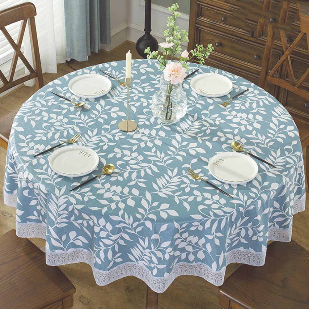 JSJSYO Round Tablecloth Wipe Clean 180cm Waterproof Wrinkle Free Stain Resistant Washable Polyester Table Cloth Tablecloths PVC for Circular Table for Dinning Room Kitchen Garden Balcony (Blue-leaf)