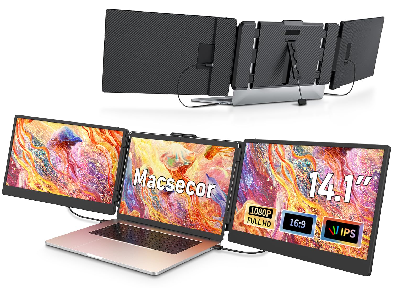 Photo 1 of Macsecor 14.1'' Laptop Screen Extender, 1080P FHD Triple Portable Monitor for Laptop USB C HDMI, Plug-Play Laptop Monitor Extender for 13''-17'' Laptops, for Mac/Wins/Android/Switch