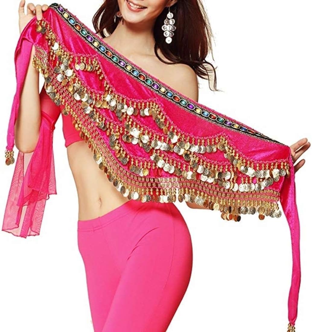 Women's Triangular Belly Dancing Hip Scarf Wrap Skirt with Gold Coins Magenta Colour