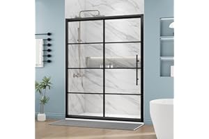 DELAVIN 60" W x 75" H Semi-Frameless Glass Shower Door with Magnetic Seal Strip, Sliding Shower Door with Ultra White Clear Tempered Glass, Black Shower Door With Grid Pattern, Reversible Installation