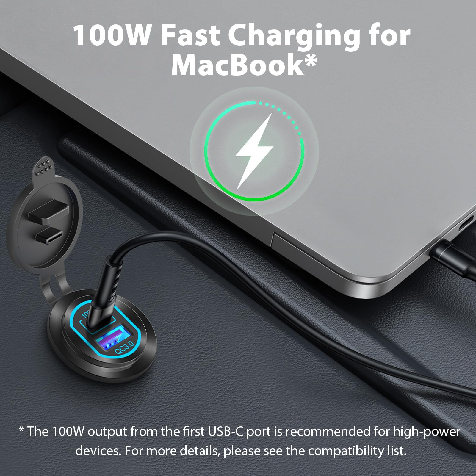 12-Volt-USB-C-Steckdose PD 100 W USB-Anschluss für Laptop und QC3.0 18 W Autoladegerät-Steckdose Aluminiumlegierung, Schnellladefunktion, versenkte Montage Ersatz für Zigarettenanzünder DIY-Zubehör 3