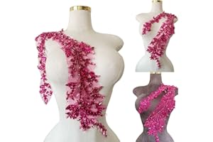 ARTISTRYXB Handmade Shining Acrylic Rhinestones on lace Applique Sewing Beads Stones Trim Patches Accessories for Wedding Dress 4.3X 23.6inches (Rose red)