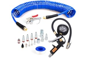 FYPower 18 Pieces Air Compressor Accessories kit, 1/4 inch x 25 ft Recoil Poly Air Compressor Hose Kit, 1/4" NPT Quick Connect Air Fittings, 100 PSI Tire Inflator Gauge, Heavy Duty Blow Gun