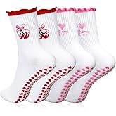 MBAIYO 2 Pairs Pilates Socks with Grips for Women, Cotton Non-Slip Yoga Socks Cute Ruffle Grip Sock for Barre Fitness 5-10in