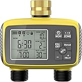 Programmable 2-Zone Smart Sprinkler Timer - Outdoor Automatic Irrigation Water Timer with Rain Delay & Waterproof Brass Swivel for Lawn, Garden, Pool (Yellow)