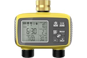 EVERBLOOM Programmable 2-Zone Smart Sprinkler Timer - Outdoor Automatic Irrigation Water Timer with Rain Delay & Waterproof Brass Swivel for Lawn, Garden, Pool (Yellow)