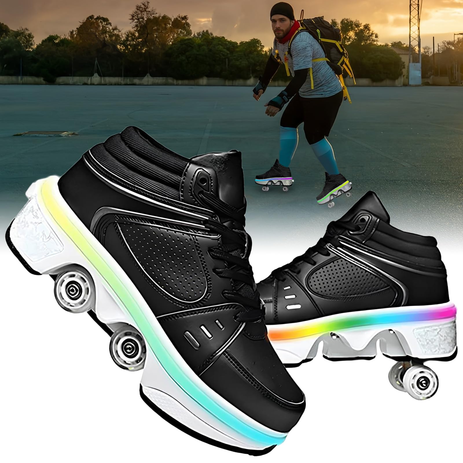 TOME.SKATES Roller Skates Shoes boys and girl，Shoes with Wheels for women and men，Adjustable Double Row Skating Shoes for kids,Trainers/Skates 2 in 1 (G, EU-35)