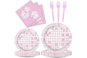 ZOIIWA 96PCS Pink Silver Disco Party Plates Napkins Disco Birthday Decoration 70s Theme Disposable Paper Cake Tableware Serve 24 Guests Women Girls Baby Shower Bachelorette Wedding Birthday Party Favor