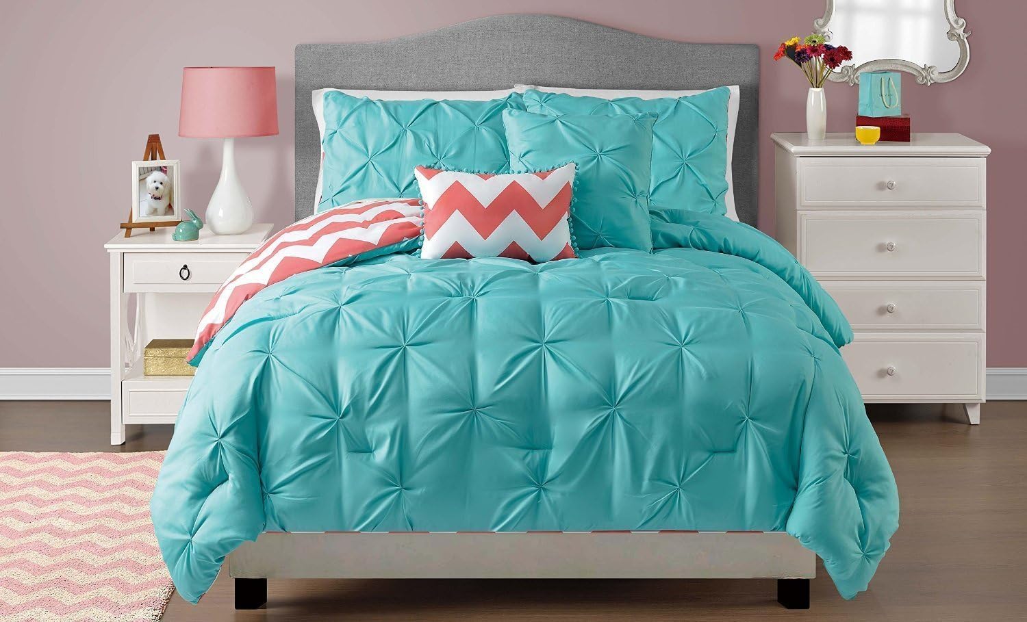 Grand Linen Twin Sophia Turquoise Blue Pinch Pleat Bedding Reversible to Zig Zag Chevron Design- Light Weight All Seasons Comforter Set