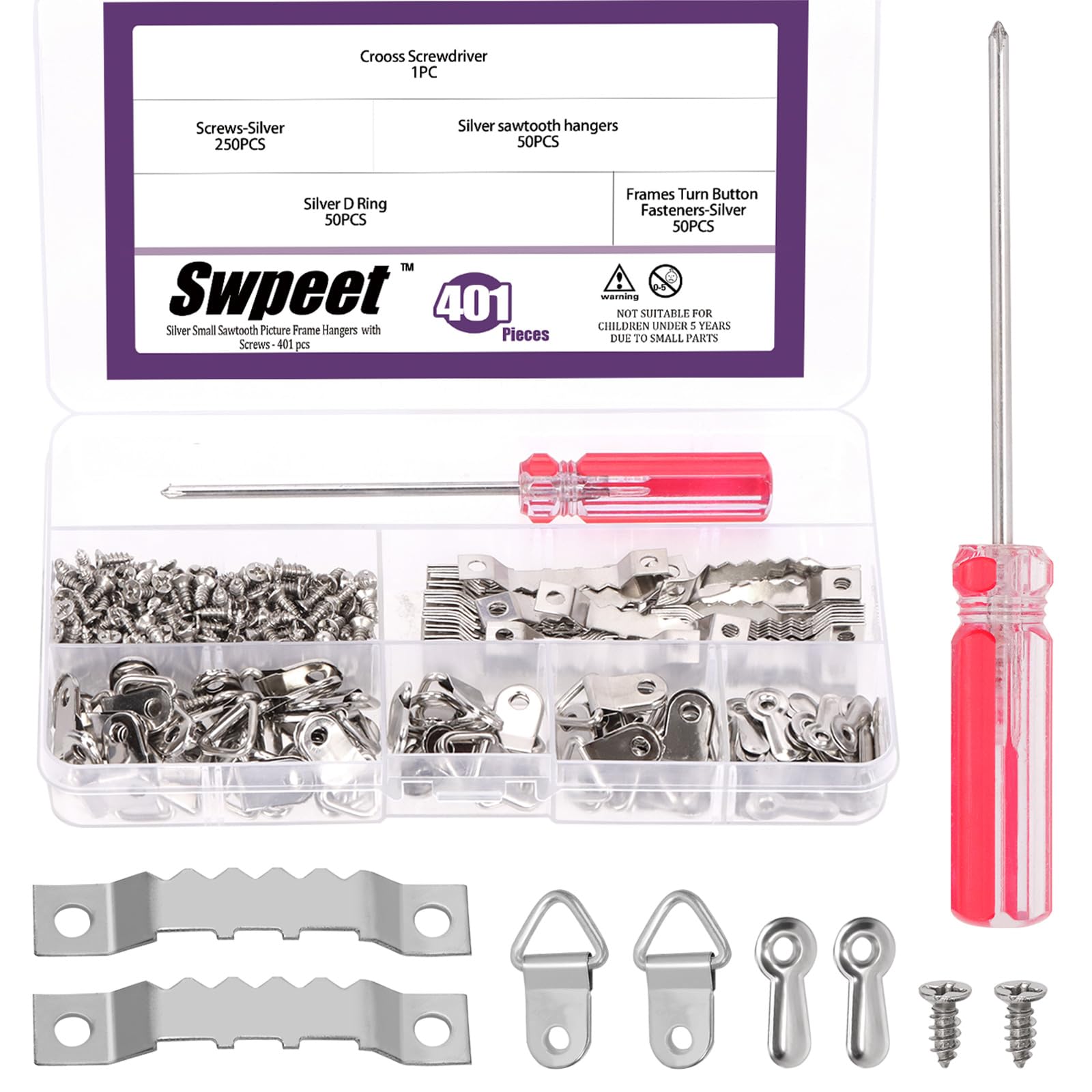 Swpeet 401Pcs Silver Picture Hangers Kit, Including Metal Sawtooth Picture Hangers Double Hole and Picture Frames Turn Button and D Ring Picture Frame Hanger and Screwdriver for Hanging Pictures