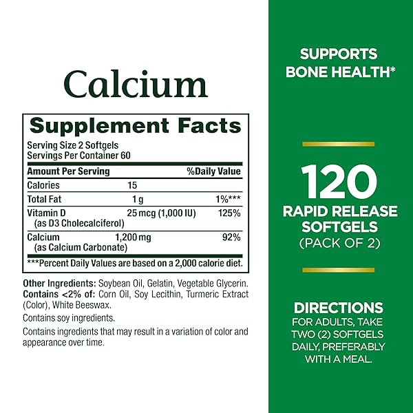 NATURE’S BOUNTY CALCIUM 1200 MG WITH VITAMIN D3 – BONE HEALTH SOFTGELS, CALCIUM AND VITAMIN D SUPPLEMENT, 120 CT (2-PACK)
