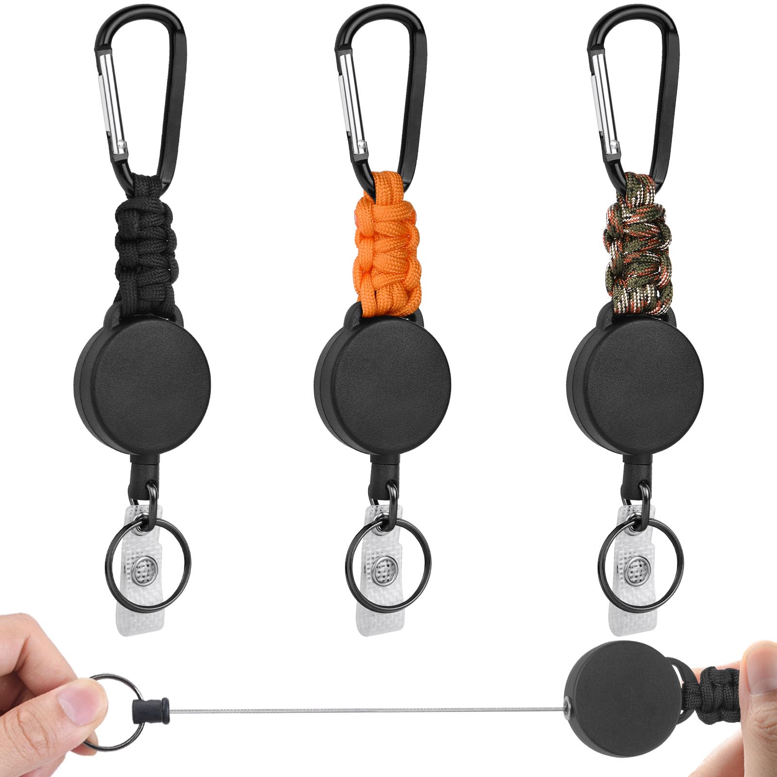 Vicloon Retractable Badge Reel, 3Pcs Retractable Keyring, Heavy Duty Carabiner Keychain Reel Clips Extendable Key Chain with 60cm Extendable Steel Wire for ID Card Holder (D Buckle)