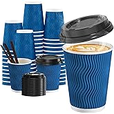 SIUQ 90 Pack 12 oz Disposable Coffee Cups with Lids and Straws, Insulated Ripple Wall To Go Paper Coffee Cups for Coffee, Hot Chocolate and Hot Tea Drinks - Navy
