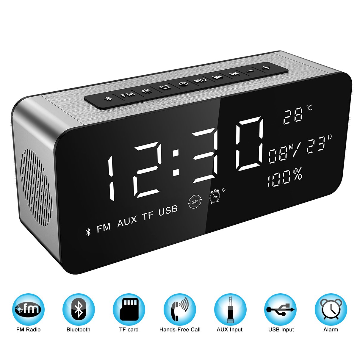 Soundance 12W Large Screen Digital Radio Alarm Clock Bluetooth Speaker